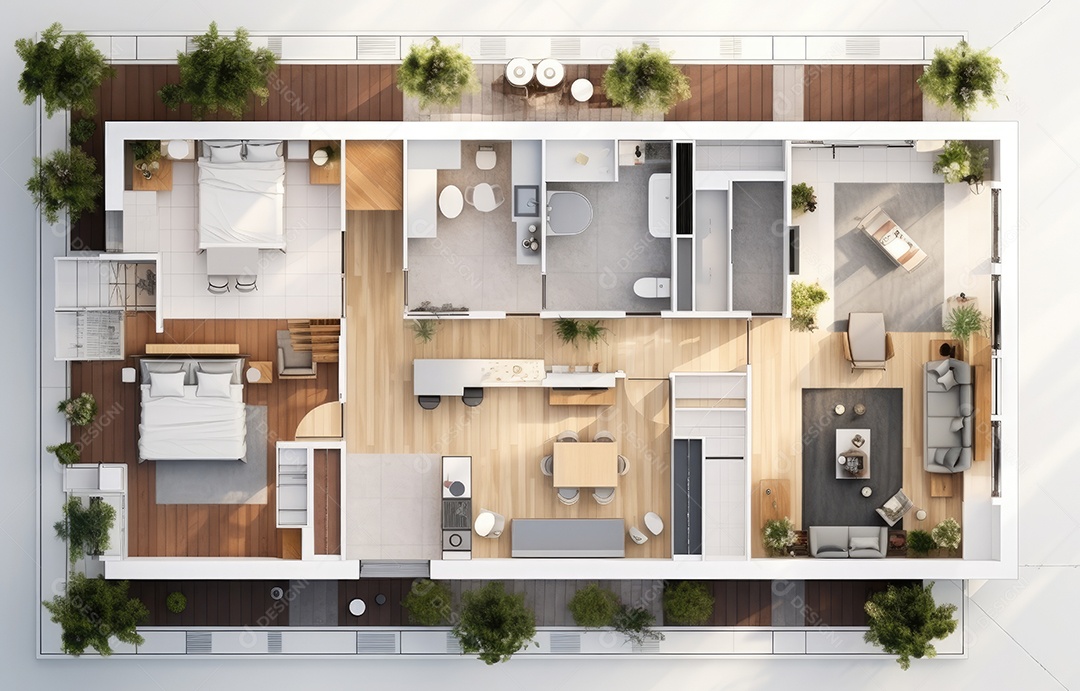 Plano de paisagismo com vista superior com casa, uma casa particular com cozinha, quartos, sala de estar, sala de jantar, banheiro e móveis