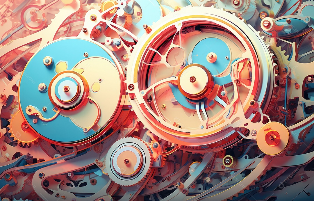 Esquema mecânico 3D, engenharia com círculos e partes geométricas do mecanismo.