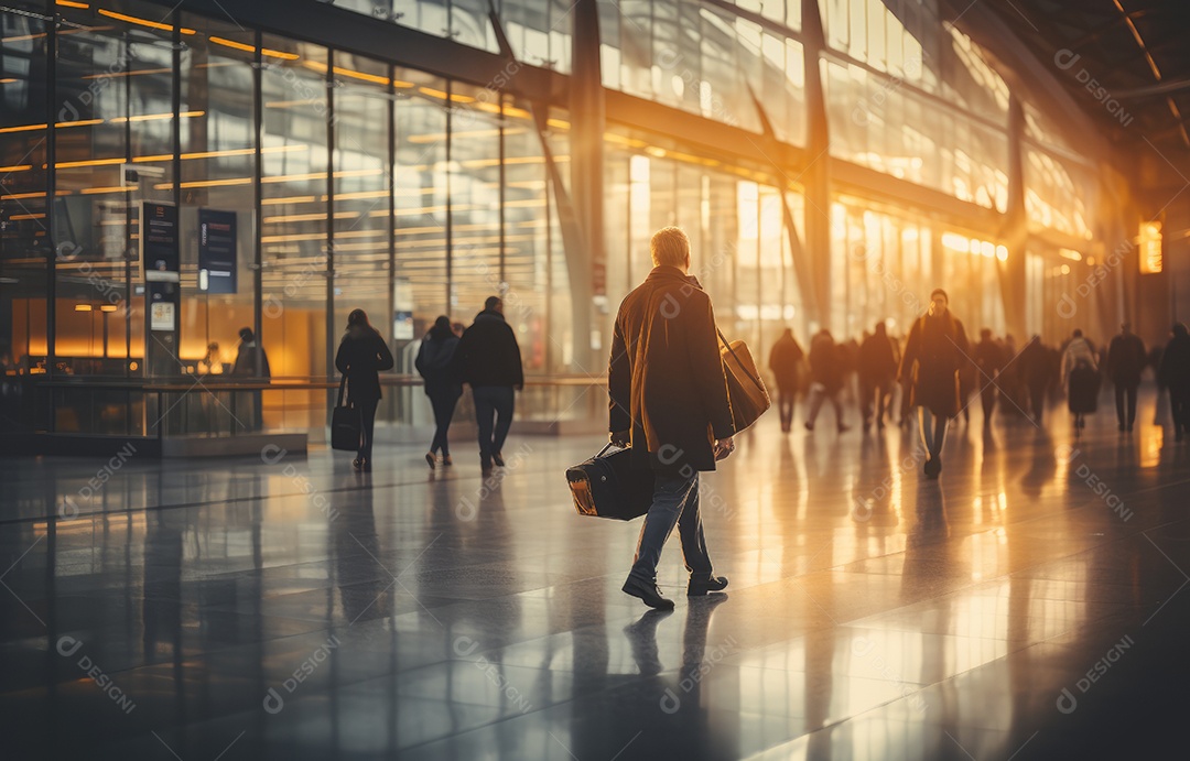 Terminal aeroportuário ocupado, movimento turvo de pessoas, aviões visíveis,