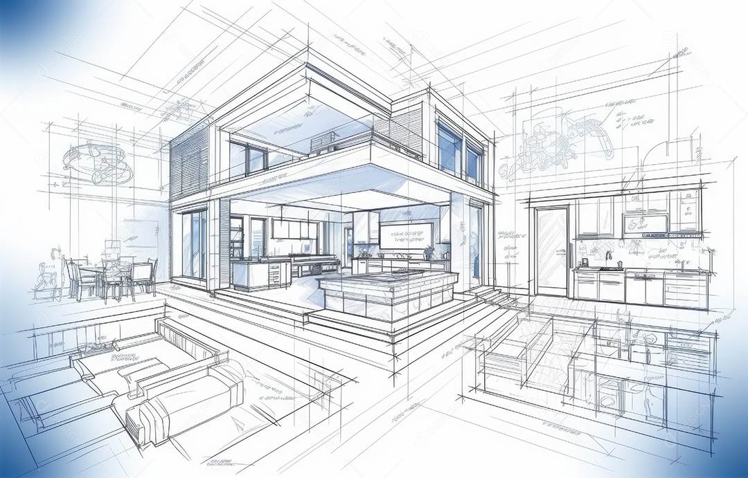 Design de interiores, projeto de casa e linha de plano de arquitetura de casa.