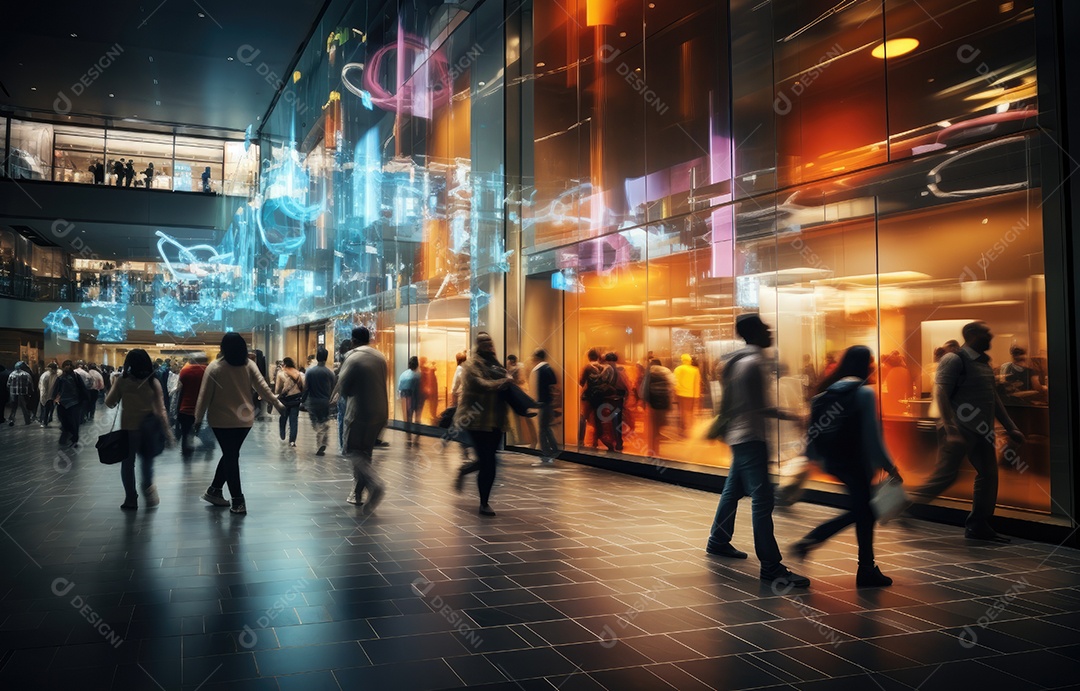 Efeito de desfoque de movimento, cena movimentada de shopping center, diversas pessoas com sacolas coloridas, arquitetura moderna