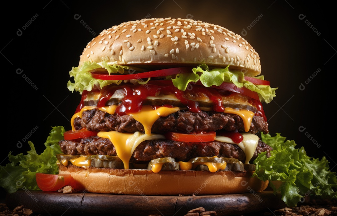 Hambúrguer com ovo em um fundo de madeira. Comida rápida, para viagem.