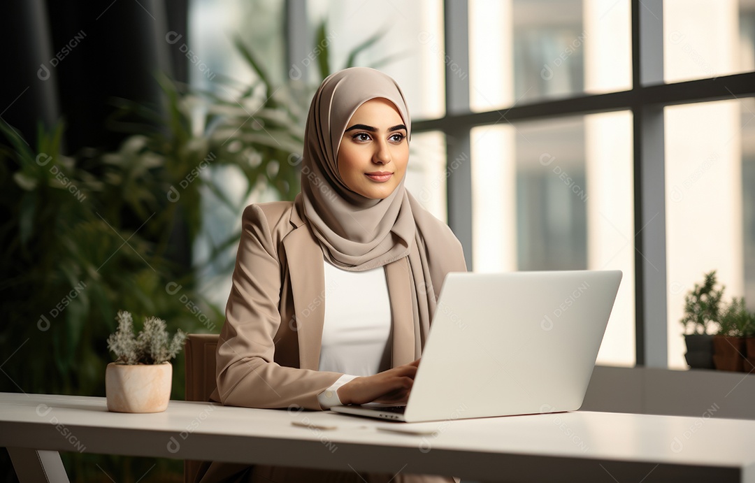 Trabalho moderno para mulheres muçulmanas. Retrato de uma garota islâmica feliz em hijab trabalhando no laptop no escritório e olhando para a câmera