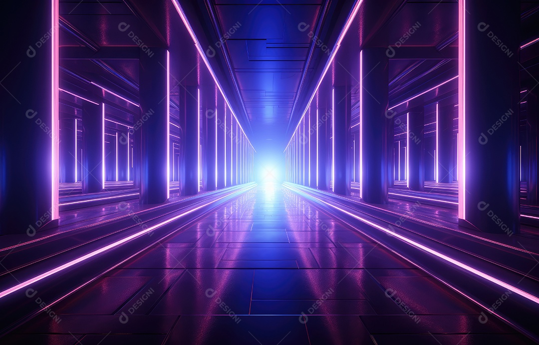 Corredor brilhante de néon futurista em um fundo abstrato escuro. Iluminação multicolorida.