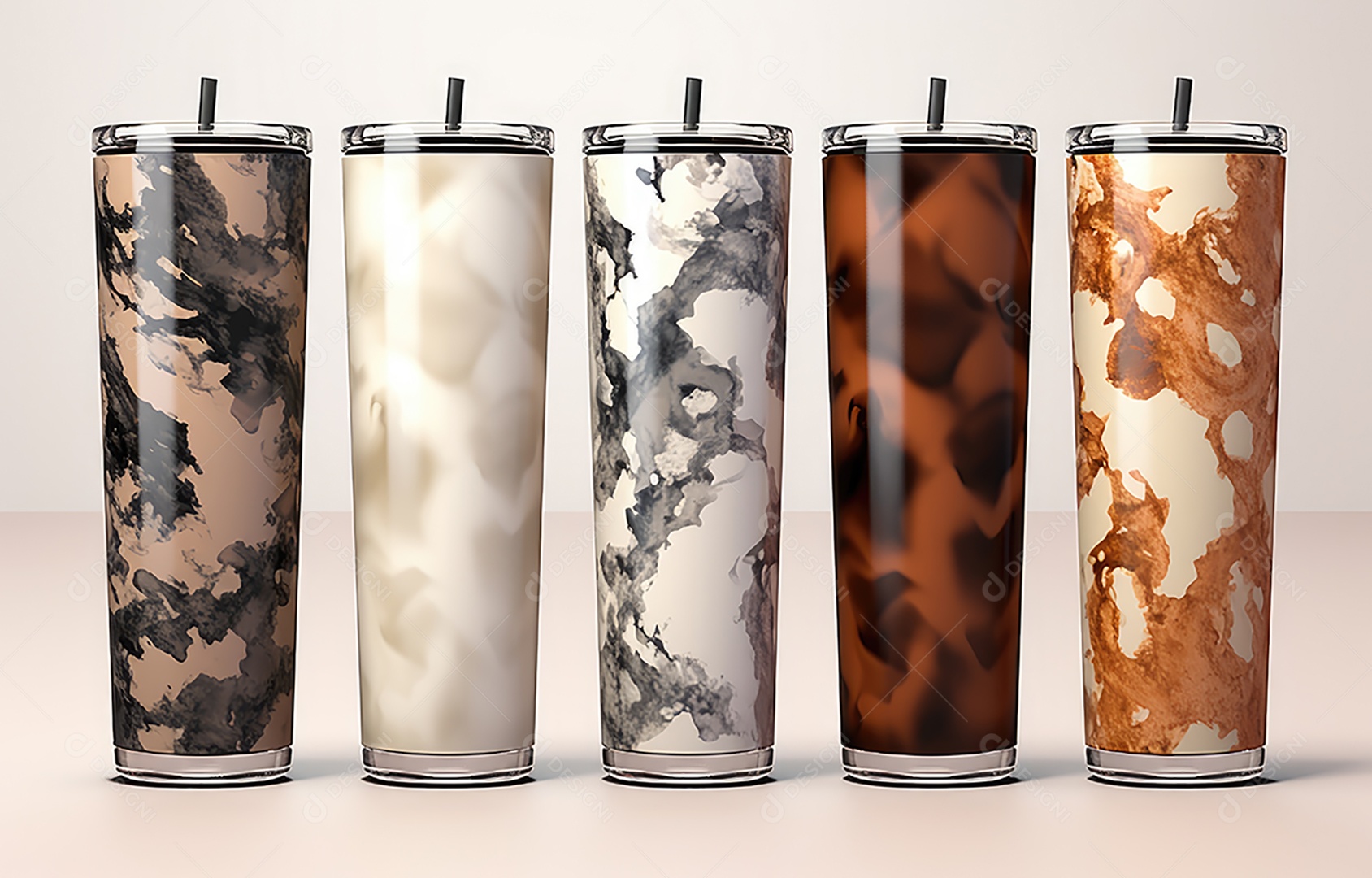 Embalagem de copo metálico realista com padrão de camuflagem em fundo branco. Conceito de comida e bebida Design de conceito de produto.