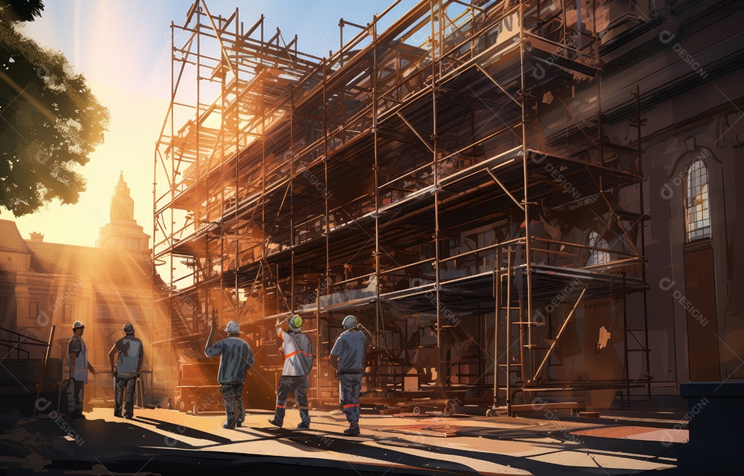 Equipe de construção colaborando em um grande projeto de construção, diversos trabalhadores discutindo planos e estratégias