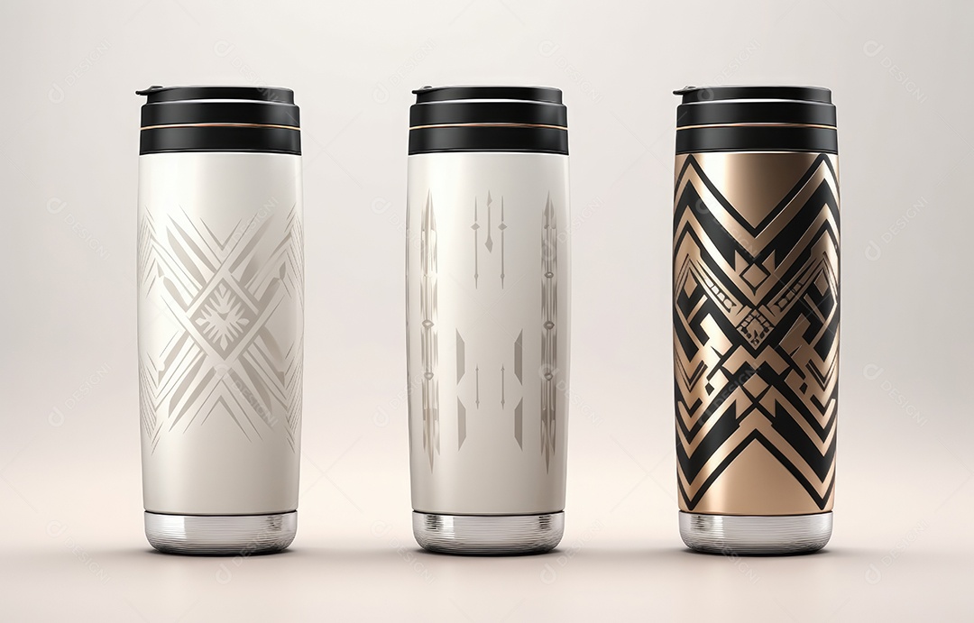Embalagem de copo metálico realista com padrão étnico em fundo branco. Conceito de comida e bebida Design de conceito de produto.
