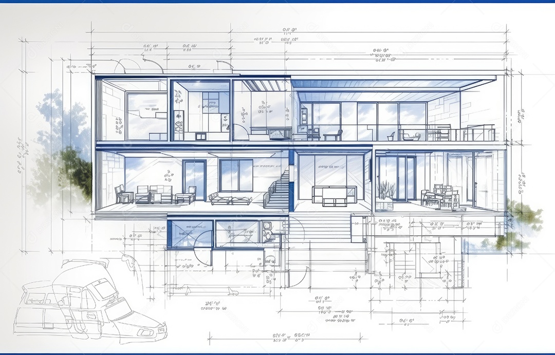 Design de interiores, projeto de casa e linha de plano de arquitetura de casa.