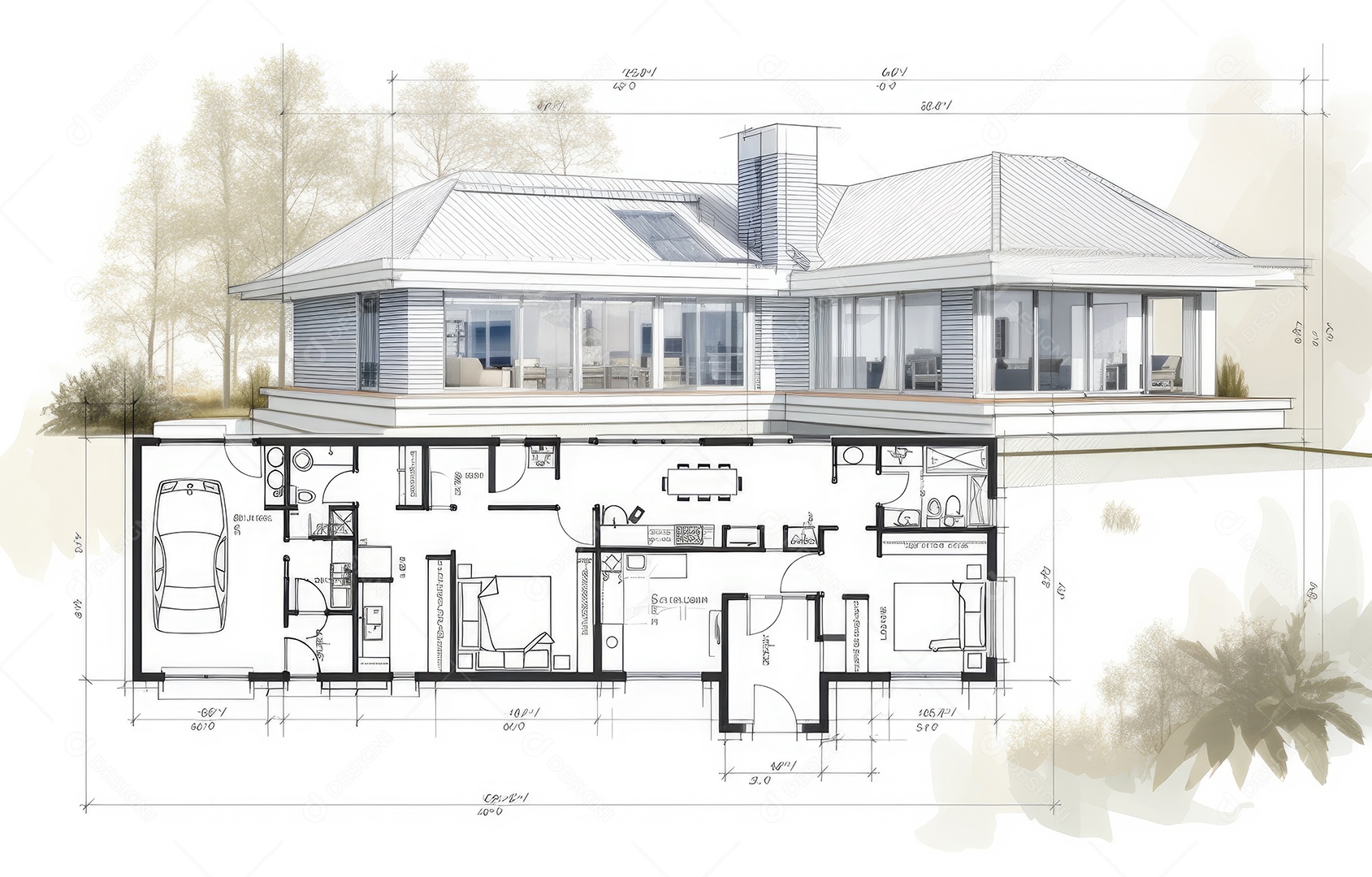 Design de interiores, projeto de casa e linha de plano de arquitetura de casa.