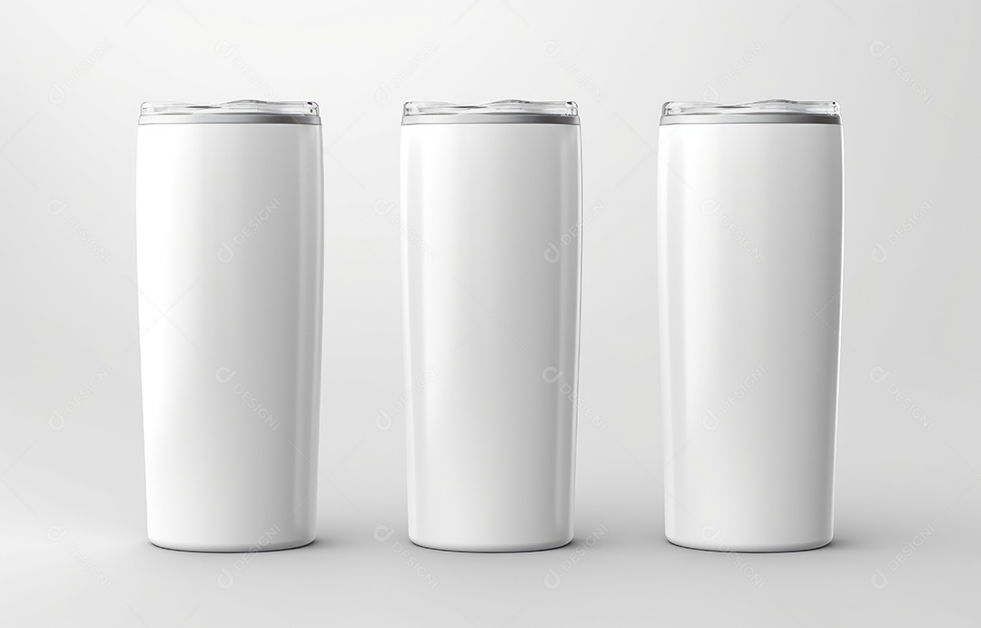 Três copos magros brancos de 20 onças em fundo branco isolado. Copo fino de 20 onças para sublimação. Caneca térmica.