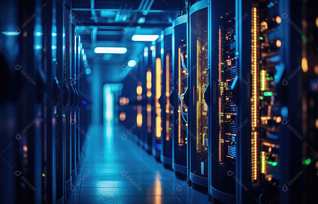 Racks de servidores no data center da sala de servidores de segurança de rede de computadores.