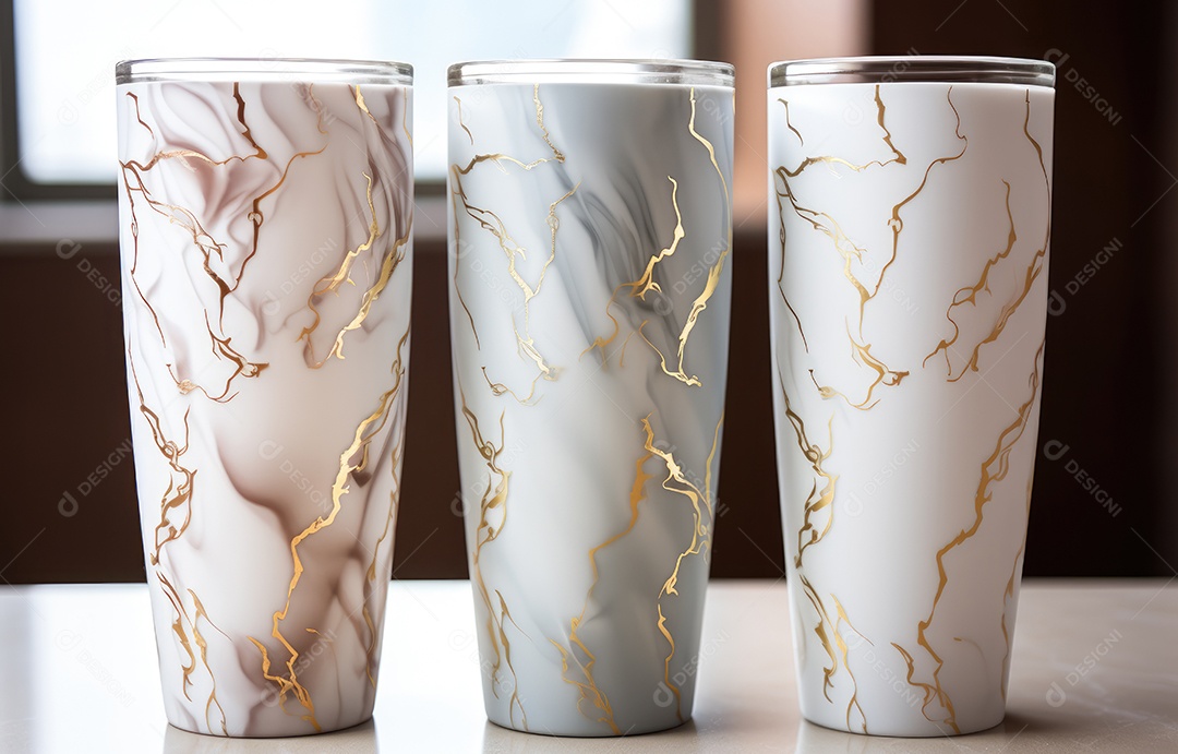 Embalagem de copo metálico realista com padrão de pedra de mármore no fundo branco.