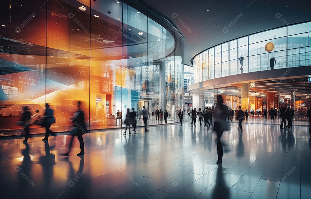 Efeito de desfoque de movimento, cena movimentada de shopping center, diversas pessoas com sacolas coloridas, arquitetura moderna