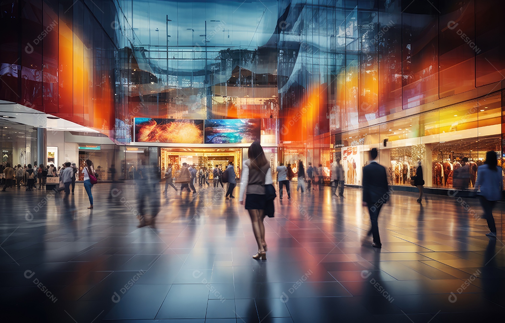 Efeito de desfoque de movimento, cena movimentada de shopping center, diversas pessoas com sacolas coloridas, arquitetura moderna