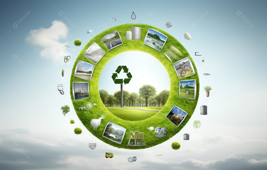 O globo verde com ícones de economia circular, economia para o crescimento futuro dos negócios e meio ambiente sustentável