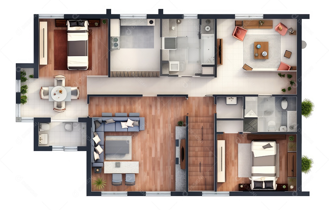 Plano de paisagismo com vista superior com casa, uma casa particular com cozinha, quartos, sala de estar, sala de jantar, banheiro e móveis