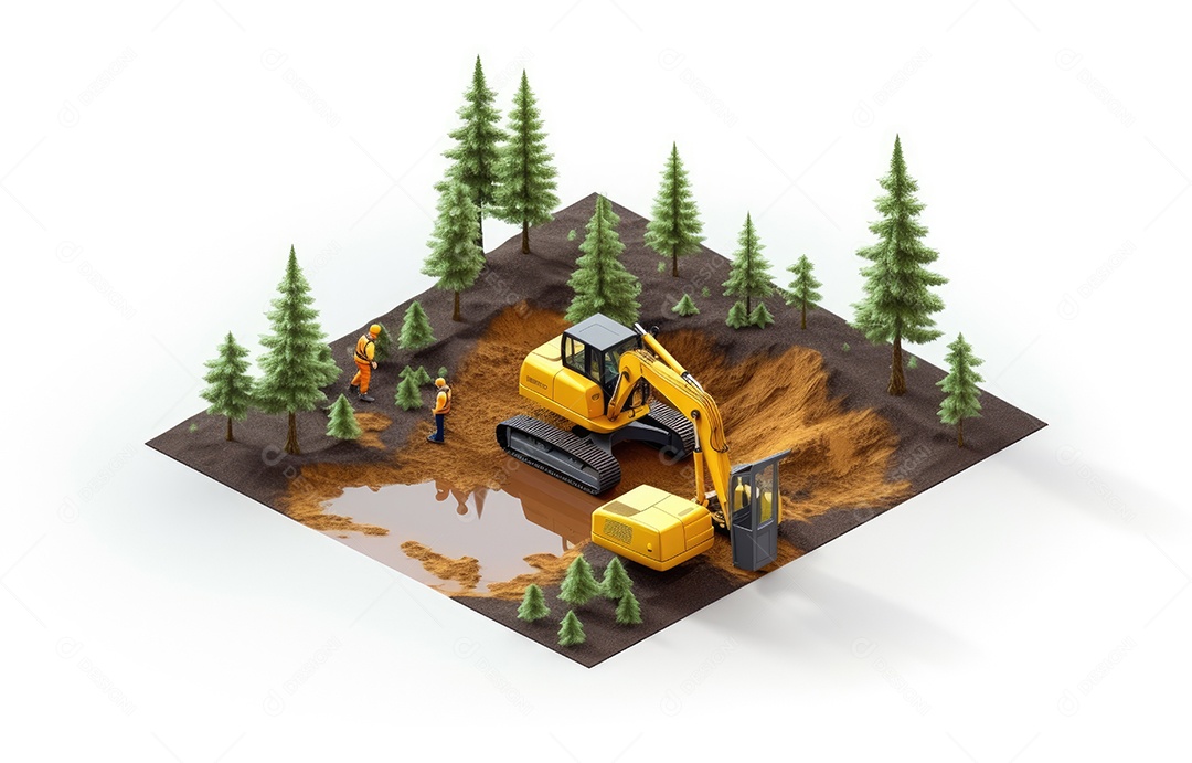 Conceito de desenvolvimento de terras limpeza de retroescavadeira em floresta isométrica e engenheiro trabalhando com trabalhador,