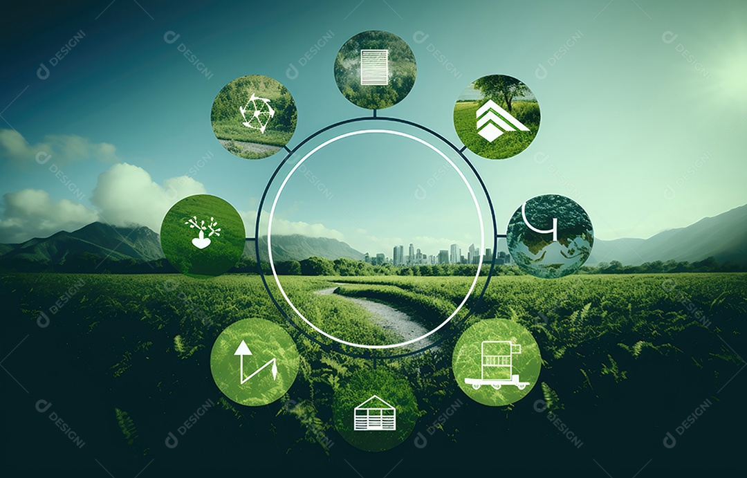 O globo verde com ícones de economia circular, economia para o crescimento futuro dos negócios e meio ambiente sustentável