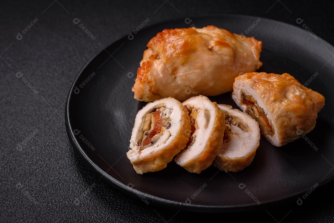 Delicioso rolo de carne fresca feito de filé de frango, cogumelos, especiarias e ervas. Delicioso prato saudável cozinhado em casa