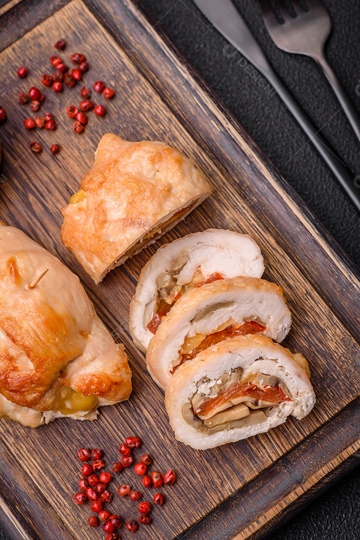 Delicioso rolo de carne fresca feito de filé de frango, cogumelos, especiarias e ervas. Delicioso prato saudável cozinhado em casa