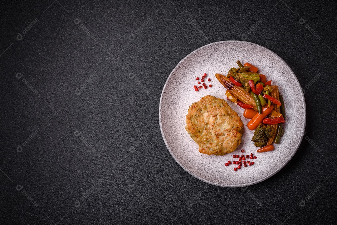 Deliciosas costeletas de peixe picado frito fresco com especiarias e ervas sobre um fundo escuro de concreto