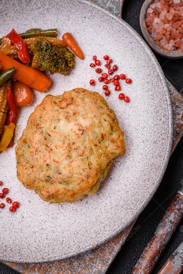 Deliciosas costeletas de peixe picado frito fresco com especiarias e ervas sobre um fundo escuro de concreto