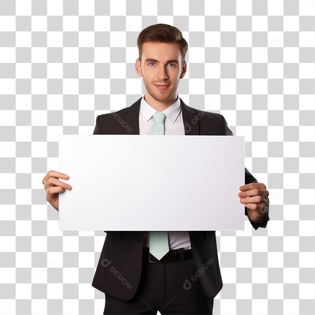 Homem de Terno Segurando Placa Branca PNG Transparente