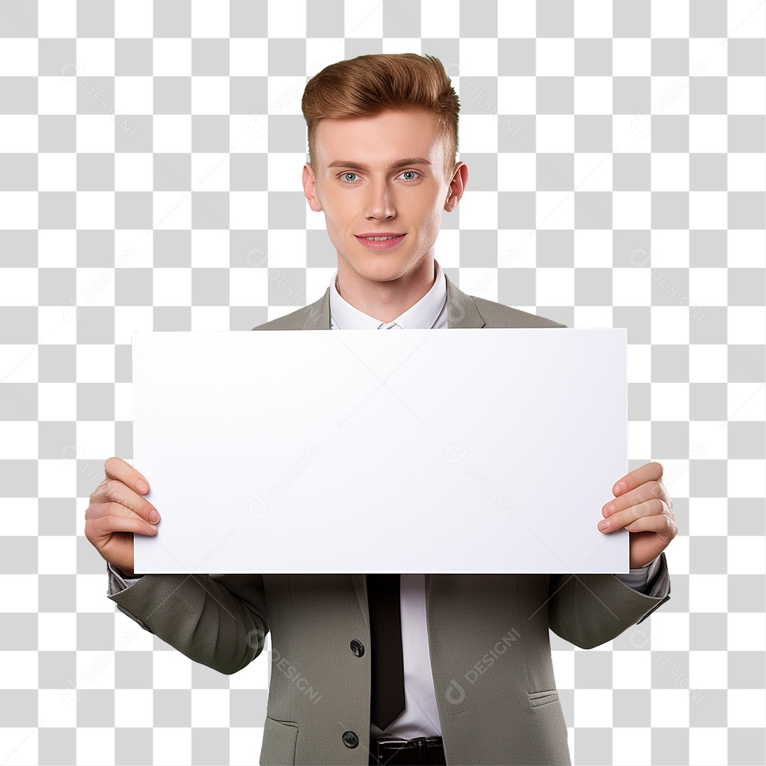 Homem de Terno Segurando Placa Branca PNG Transparente