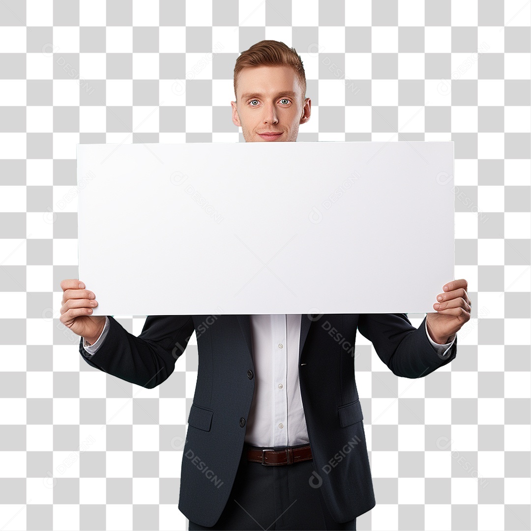 Homem de Terno Segurando Placa Branca PNG Transparente