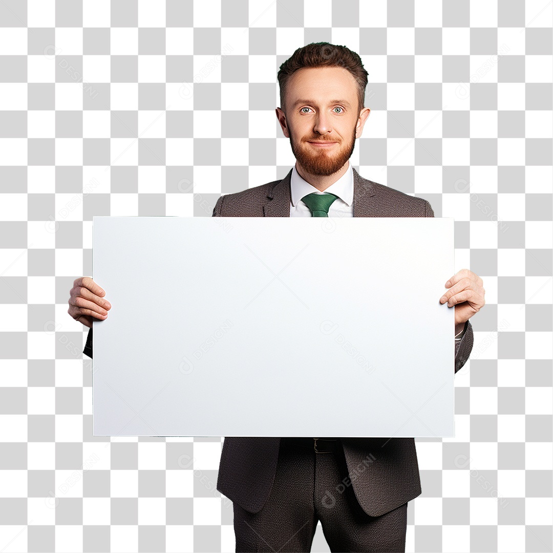 Homem de Terno Segurando Placa Branca PNG Transparente