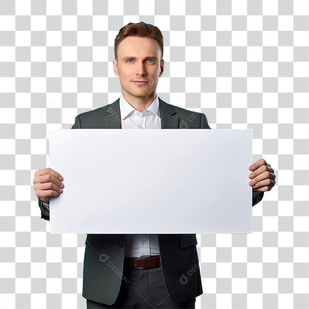 Homem de Terno Segurando Placa Branca PNG Transparente