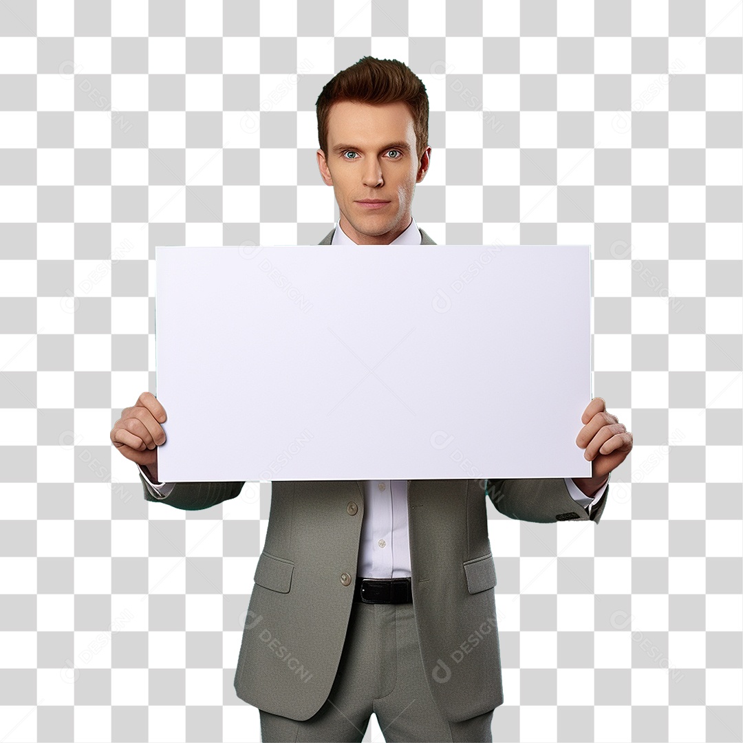 Homem de Terno Segurando Placa Branca PNG Transparente