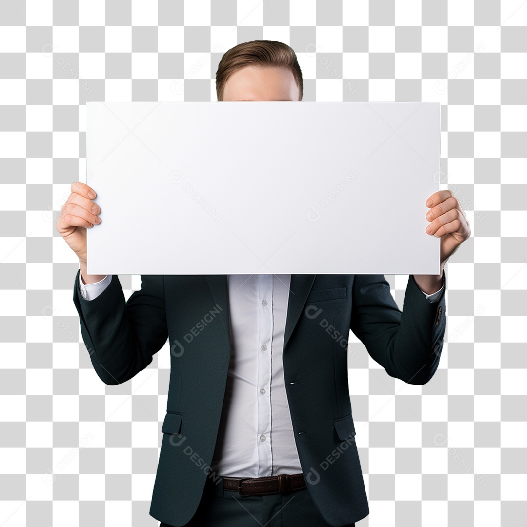 Homem de Terno Segurando Placa Branca PNG Transparente