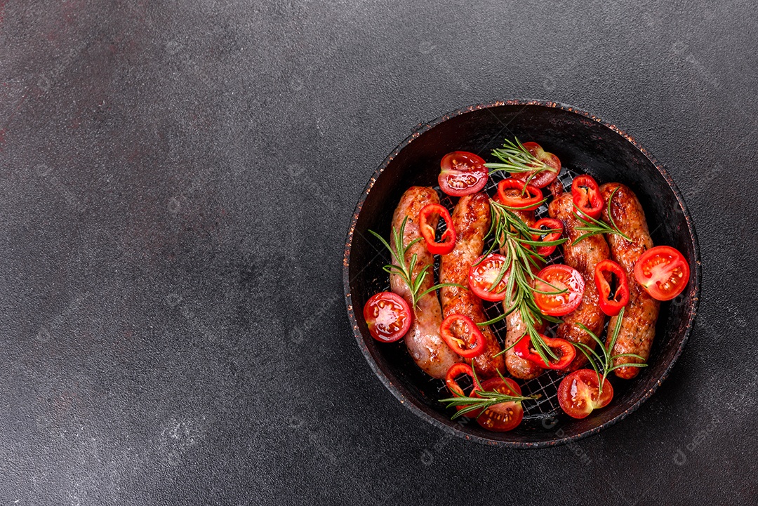 Salsichas frescas e suculentas grelhadas com tomate, especiarias e ervas