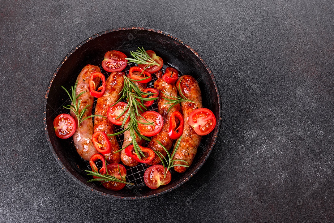 Salsichas frescas e suculentas grelhadas com tomate, especiarias e ervas