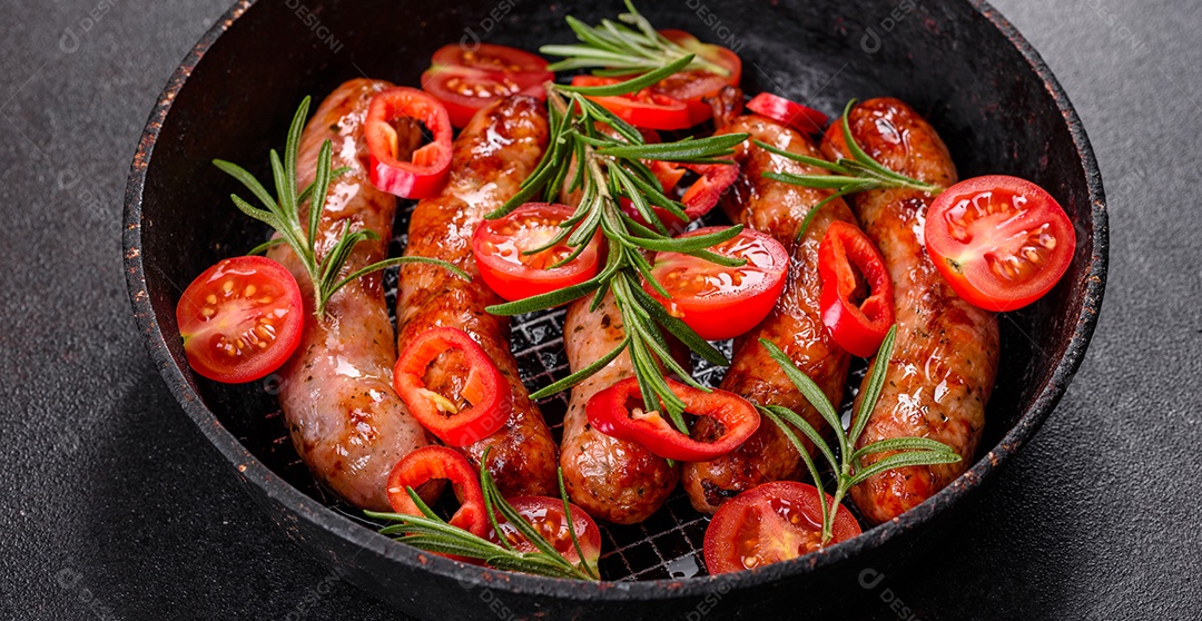 Salsichas frescas e suculentas grelhadas com tomate, especiarias e ervas