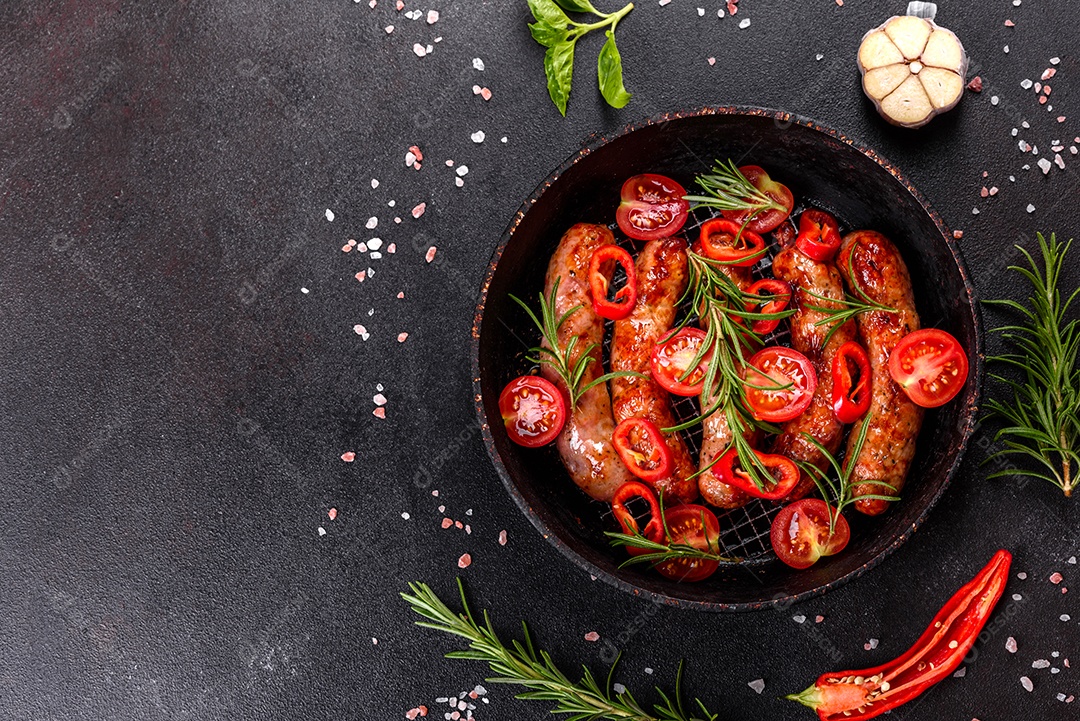 Salsichas frescas e suculentas grelhadas com tomate, especiarias e ervas