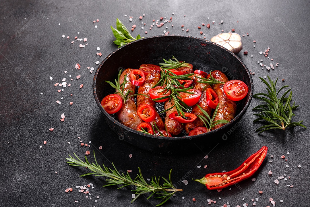 Salsichas frescas e suculentas grelhadas com tomate, especiarias e ervas
