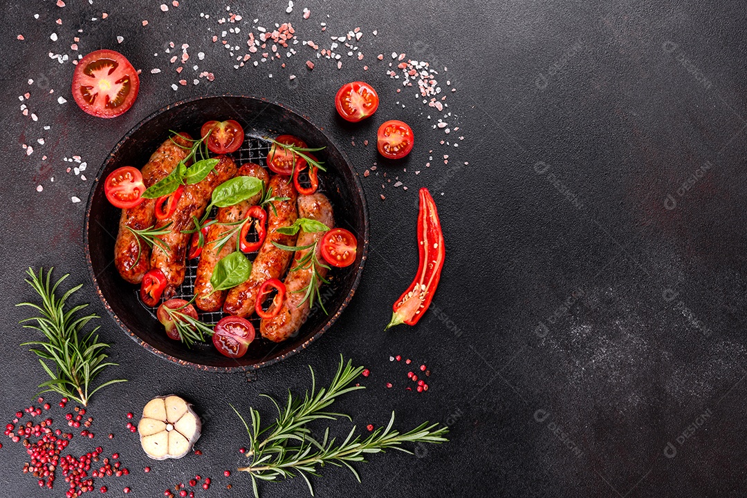Salsichas frescas e suculentas grelhadas com tomate, especiarias e ervas
