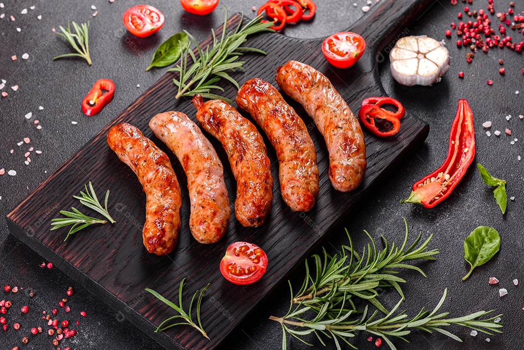 Salsichas frescas e suculentas grelhadas com tomate, especiarias e ervas