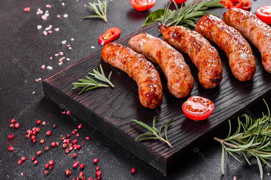 Salsichas frescas e suculentas grelhadas com tomate, especiarias e ervas