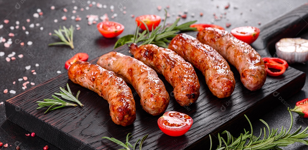 Salsichas frescas e suculentas grelhadas com tomate, especiarias e ervas