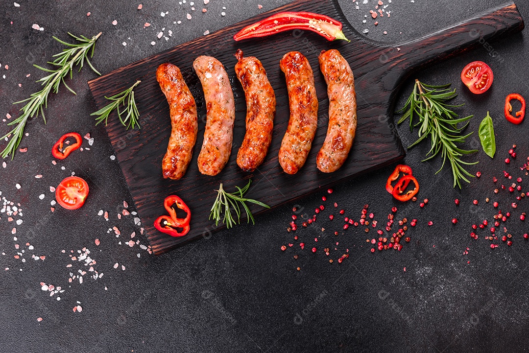 Salsichas frescas e suculentas grelhadas com tomate, especiarias e ervas