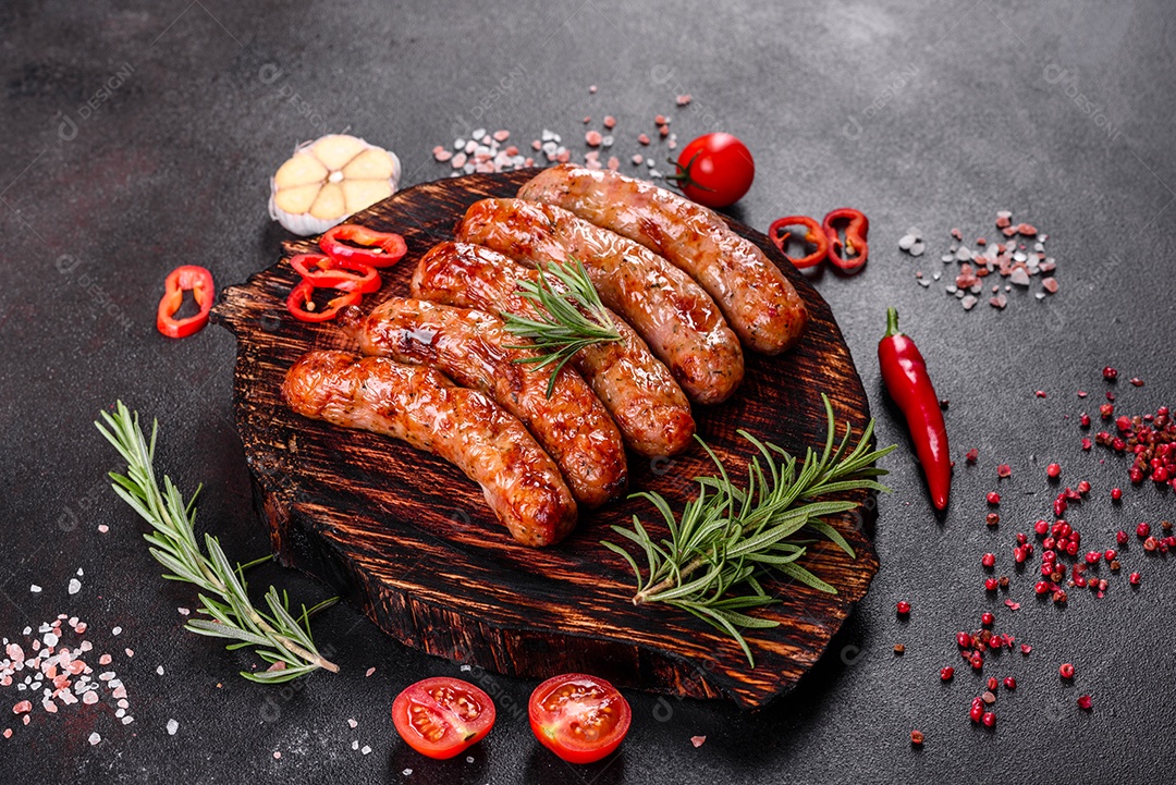 Salsichas frescas e suculentas grelhadas com tomate, especiarias e ervas