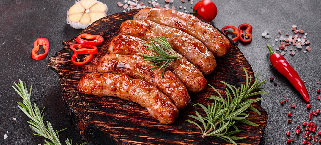 Salsichas frescas e suculentas grelhadas com tomate, especiarias e ervas