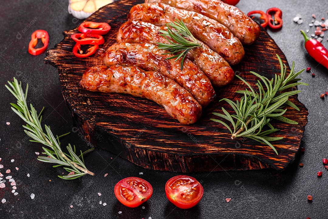 Salsichas frescas e suculentas grelhadas com tomate, especiarias e ervas