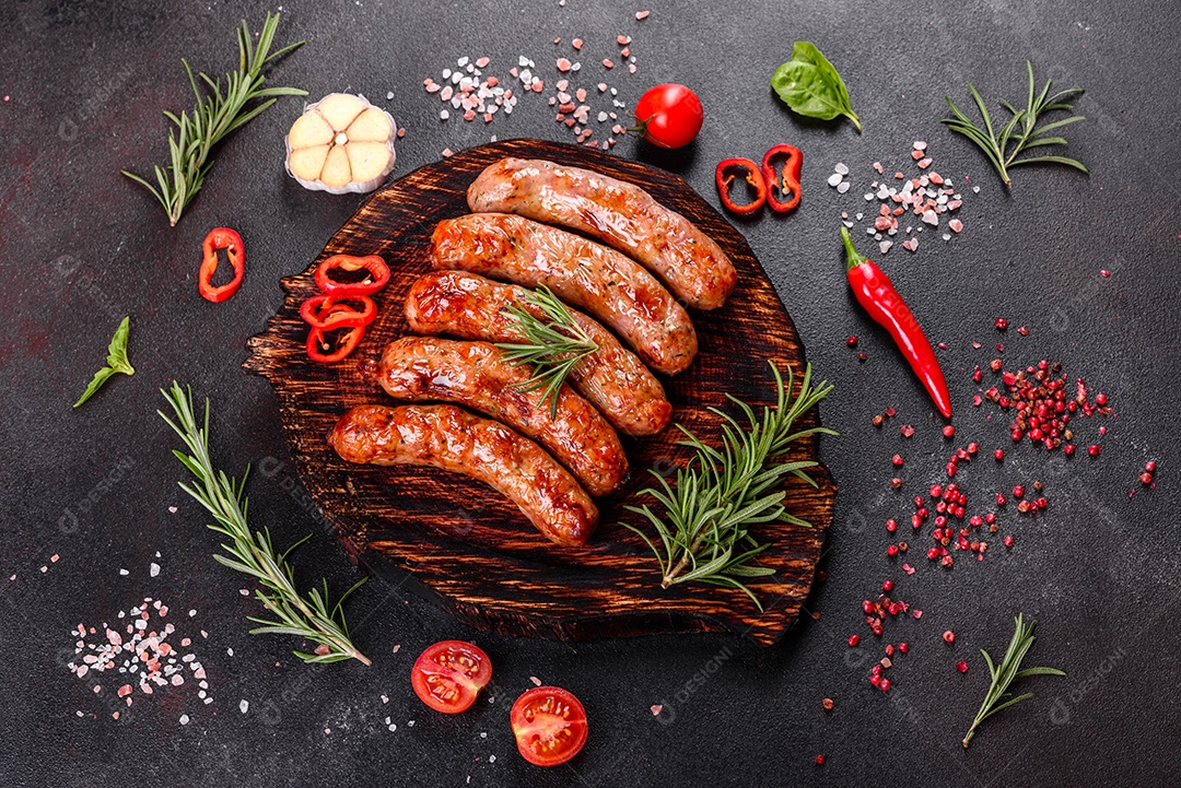 Salsichas frescas e suculentas grelhadas com tomate, especiarias e ervas