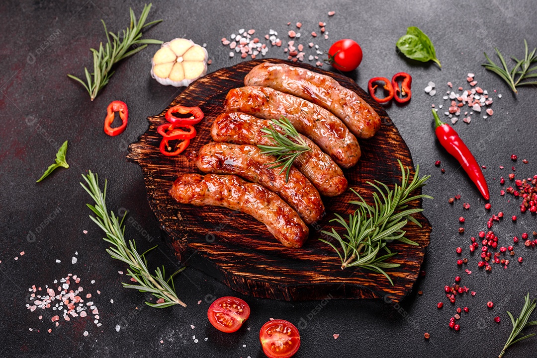 Salsichas frescas e suculentas grelhadas com tomate, especiarias e ervas