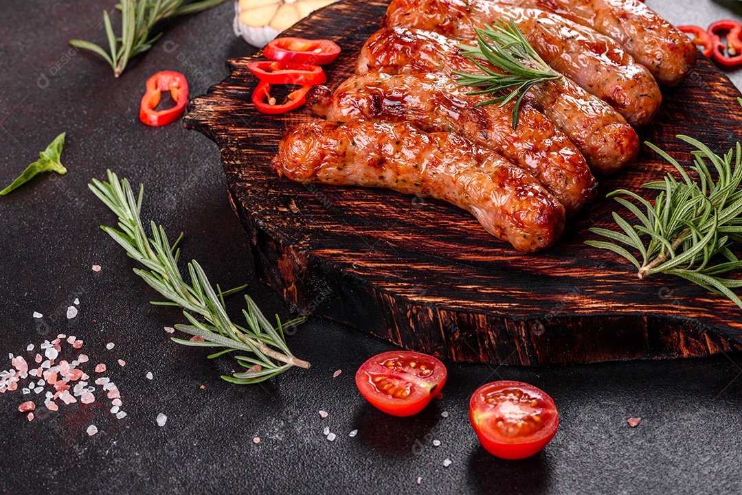 Salsichas frescas e suculentas grelhadas com tomate, especiarias e ervas