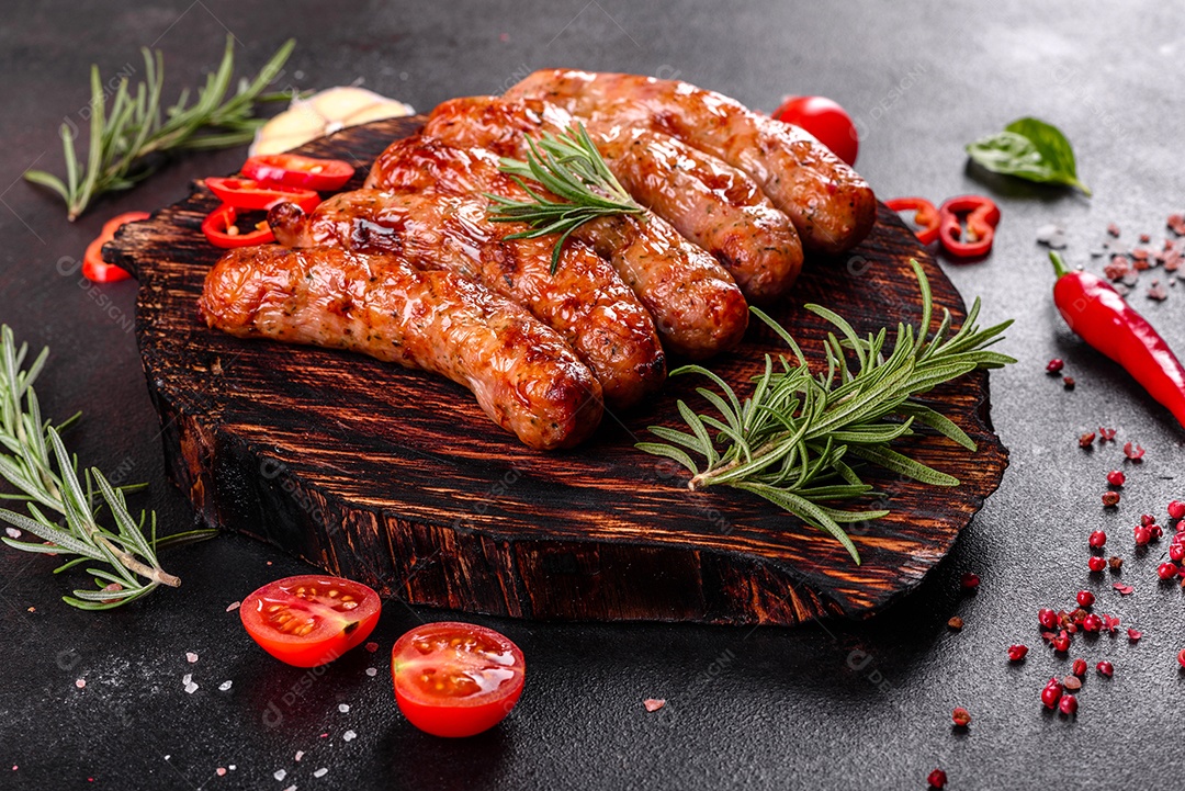 Salsichas frescas e suculentas grelhadas com tomate, especiarias e ervas